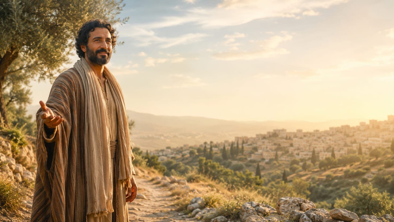 A robed figure on a Judean hillside at golden hour, arm outstretched toward an ancient town